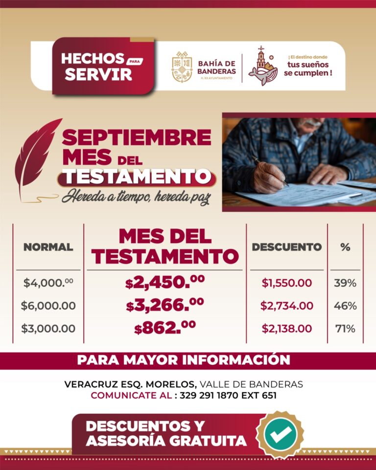 Bahía de Banderas impulsa campaña ‘Septiembre, Mes del Testamento’ con descuentos de hasta 71%