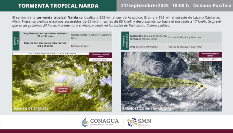 Tormenta tropical Narda se desplaza frente a las costas del Pacífico mexicano